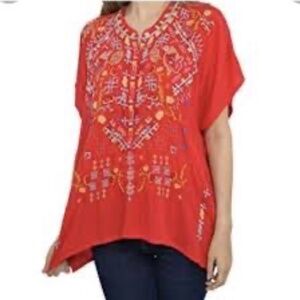 Johnny Was Biya Missio Embroidered Top Short Sleeve Blouse Red S